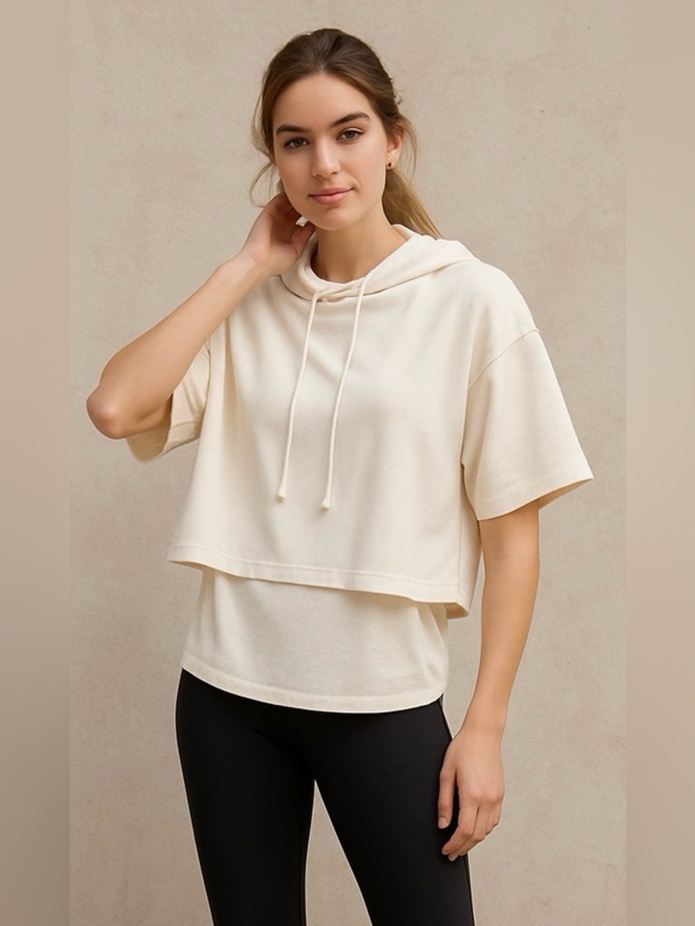 mittoshop Short-Sleeve Cropped Hoodie, Cream, Ivory, Size S